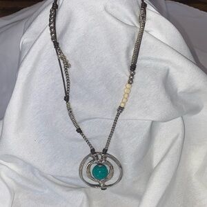 UNO de 50 Calma Chica Turquoise Necklace w/silver/white beads, brn leather.